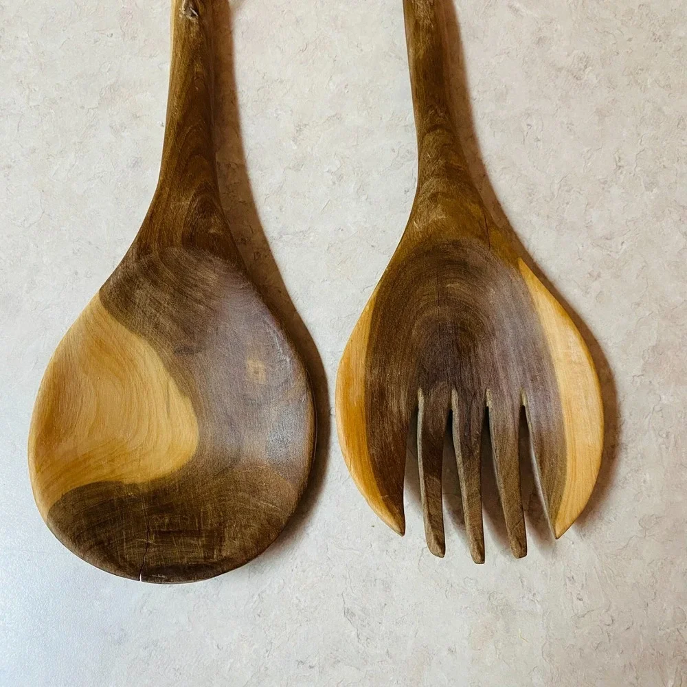 Salad Servers OS Brown Hand Carved Wood Elephant Safari Art Good cond.